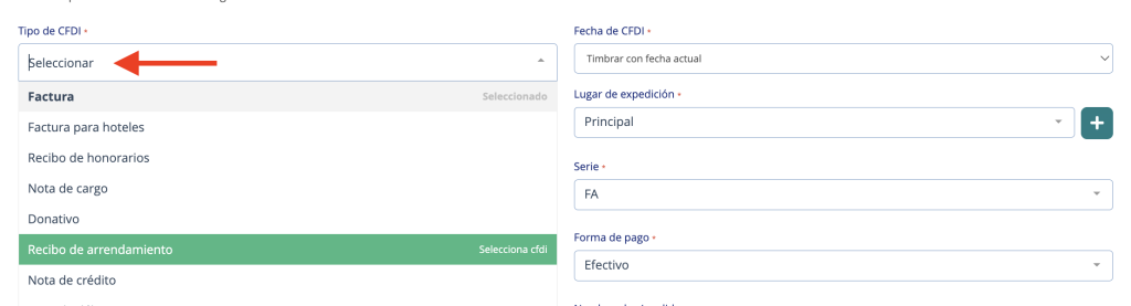 Vista del campo tipo de CFDI señalando la forma de seleccionarlo
